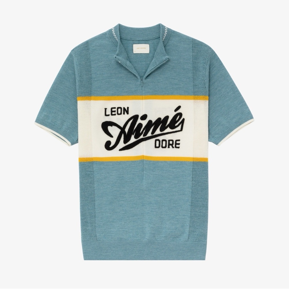 NWT Aime Leon Dore Blue and White Polo Shirt Cycling Jersewith Retro Knit Design
